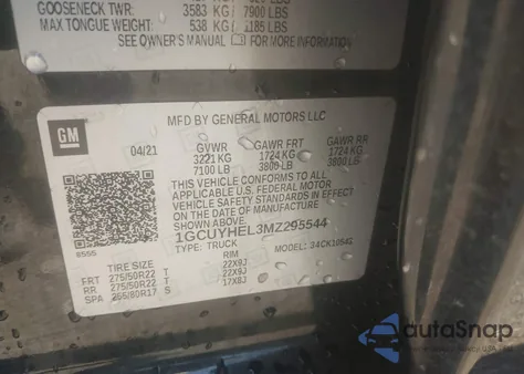 2021 Chevrolet Silverado 1500 4Wd Short Bed High Country из США, поврежденный, VIN 1GCUYHEL3MZ295544